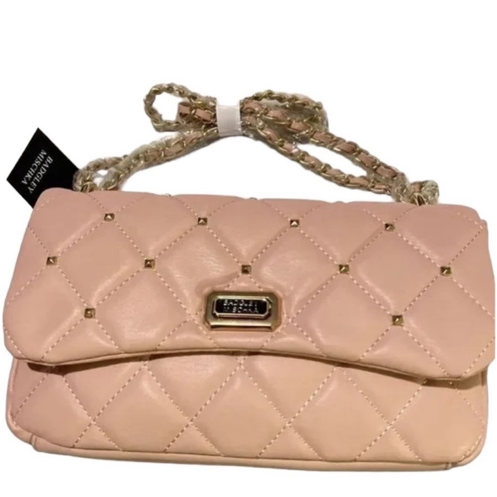 Badgley Mischka vegan leather Blush Quilted gold studs Crossbody Bag NWT